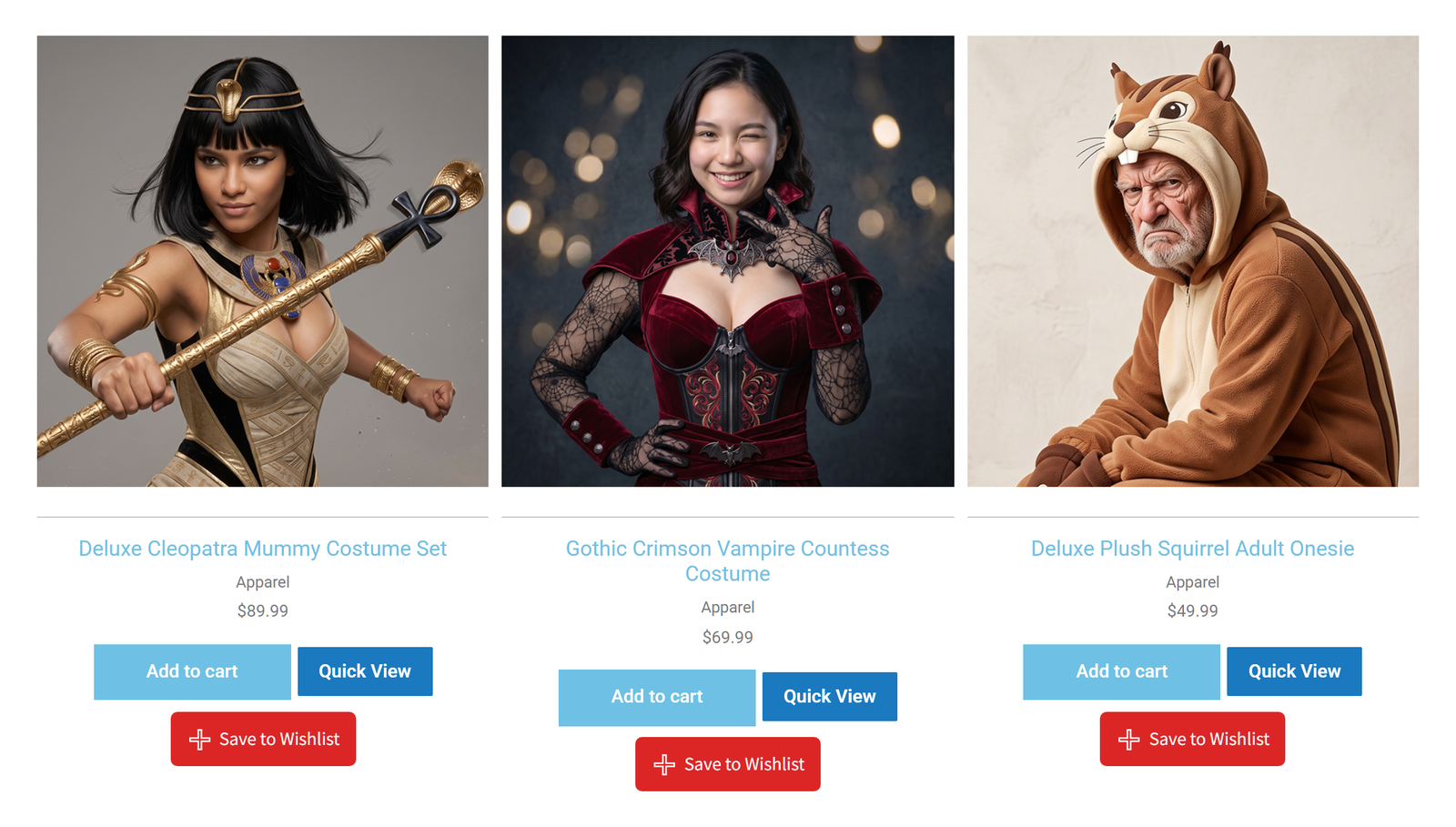 Premium Addons for Elementor product grid showing a Save to Wishlist button under Add to cart on every costume card - SaveTo Wishlist Premium Addons for Elementor product grid showing a Save to Wishlist button under Add to cart on every costume card