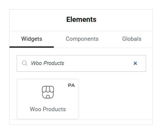 Elementor widget panel search showing the Premium Addons Woo Products widget with its PA badge - SaveTo Wishlist Elementor widget panel search showing the Premium Addons Woo Products widget with its PA badge