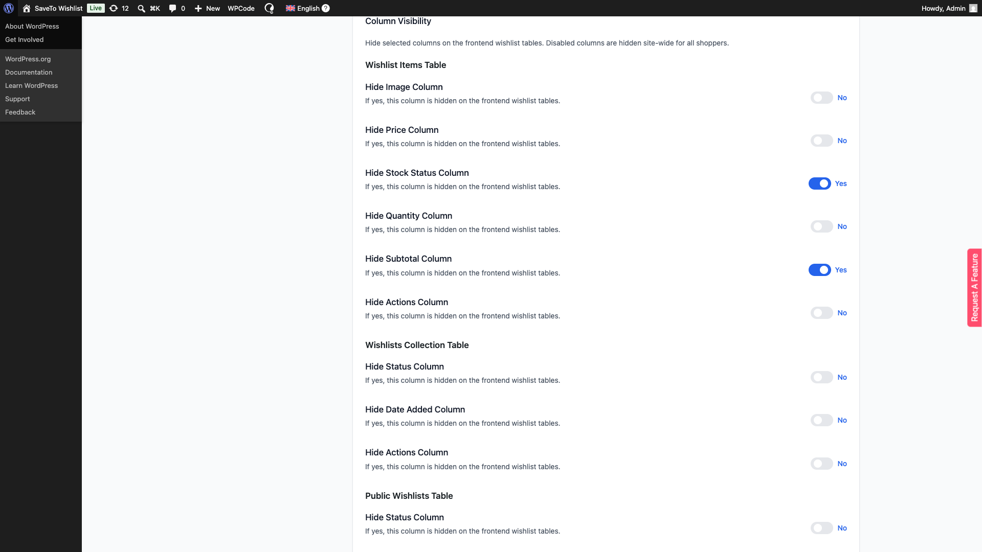 save-to-wishlist-pro-column-visibility-wishlist-items-table - SaveTo Wishlist SaveTo Wishlist Pro Column Visibility section under the Wishlist Page settings tab, showing the Wishlist Items Table with six toggle switches (Hide Image column, Hide Price column, Hide Stock Status column, Hide Quantity column, Hide Subtotal column, Hide Actions column), with Hide Stock Status column and Hide Subtotal column turned on
