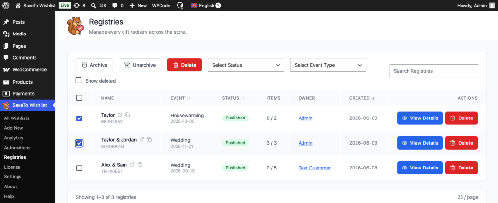 WordPress admin Registries page showing three registries with checkboxes and action buttons (View Details, Delete).