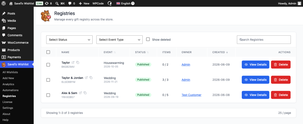 WordPress admin WooCommerce gift registry page listing three registries with statuses, owners, and action buttons (View Details, Delete).