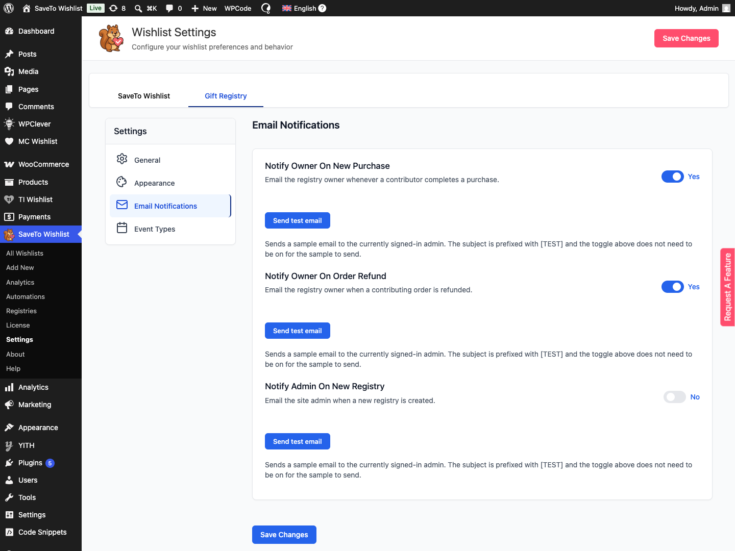 save-to-wishlist-registry-email-notifications - SaveTo Wishlist The Gift Registry Email Notifications settings tab with three toggles and Send test email buttons