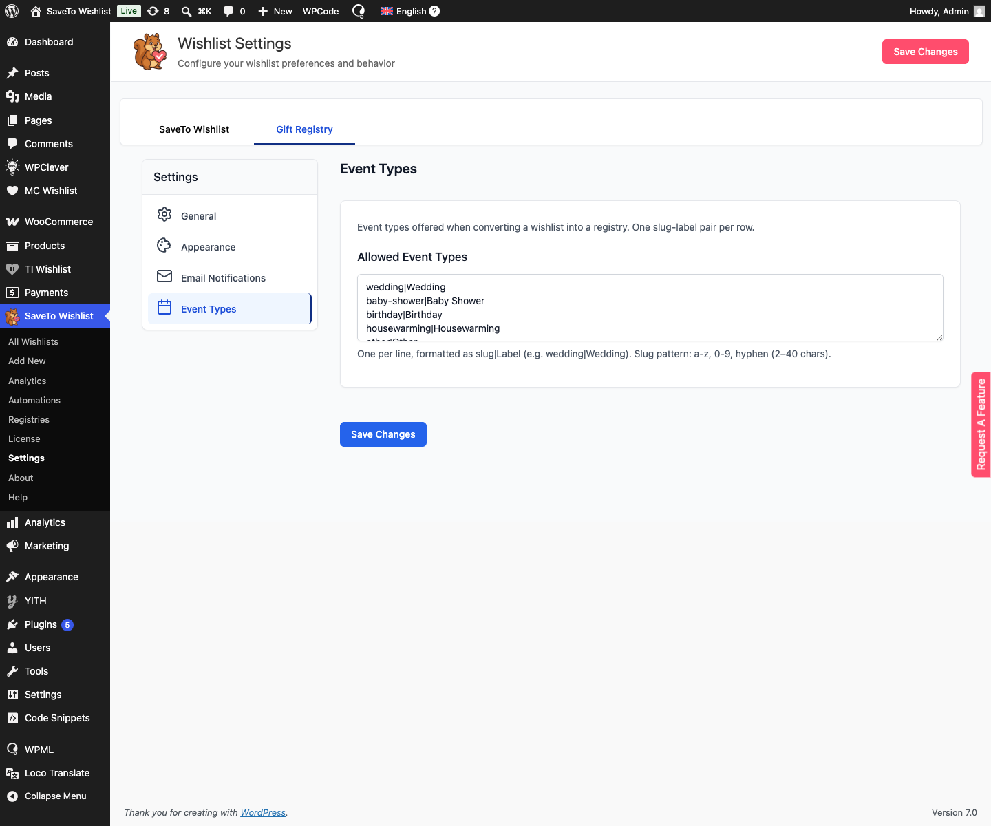 save-to-wishlist-registry-event-types - SaveTo Wishlist Die Einstellungen für Geschenkkatalog-Ereignistypen mit dem Textfeld Zulässige Ereignistypen