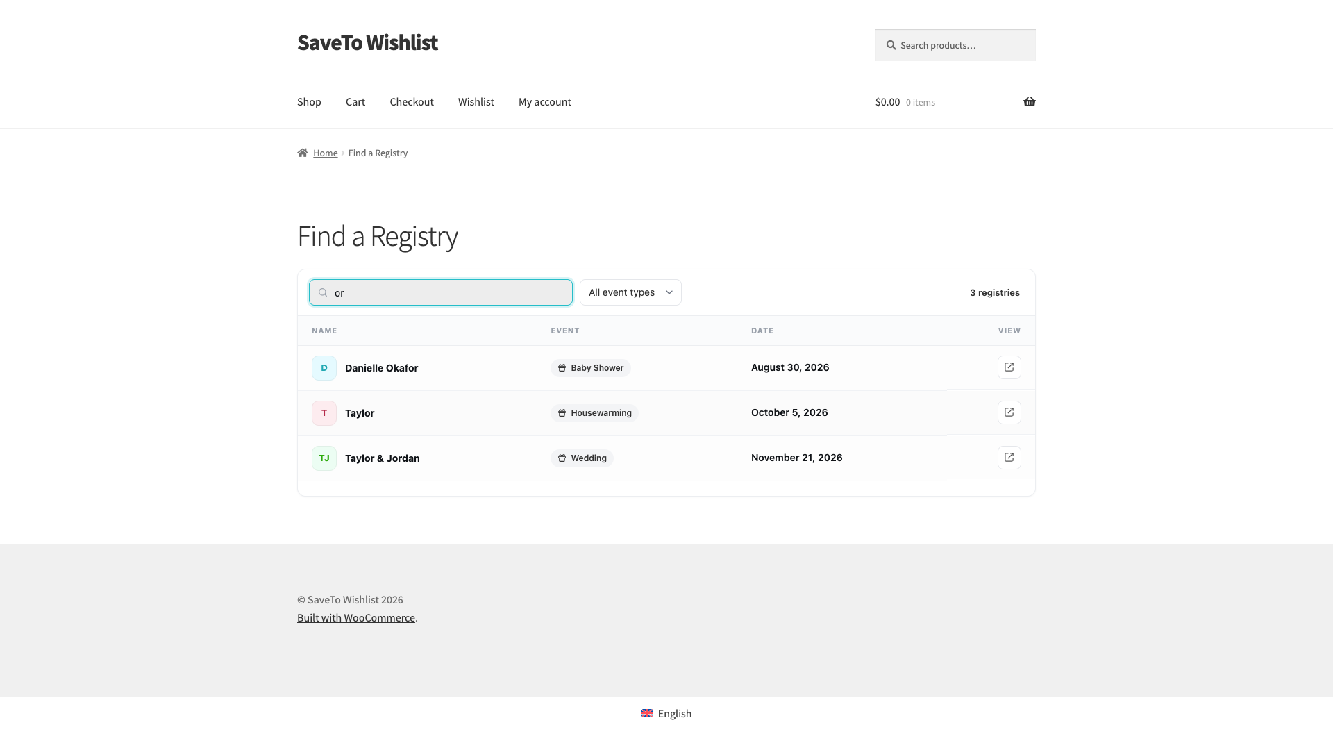 save-to-wishlist-registry-find-a-registry-page - SaveTo Wishlist Strona Znajdź listę życzeń z polem wyszukiwania Wyszukaj według nazwy..., filtrem typu wydarzenia i pasującymi listami życzeń