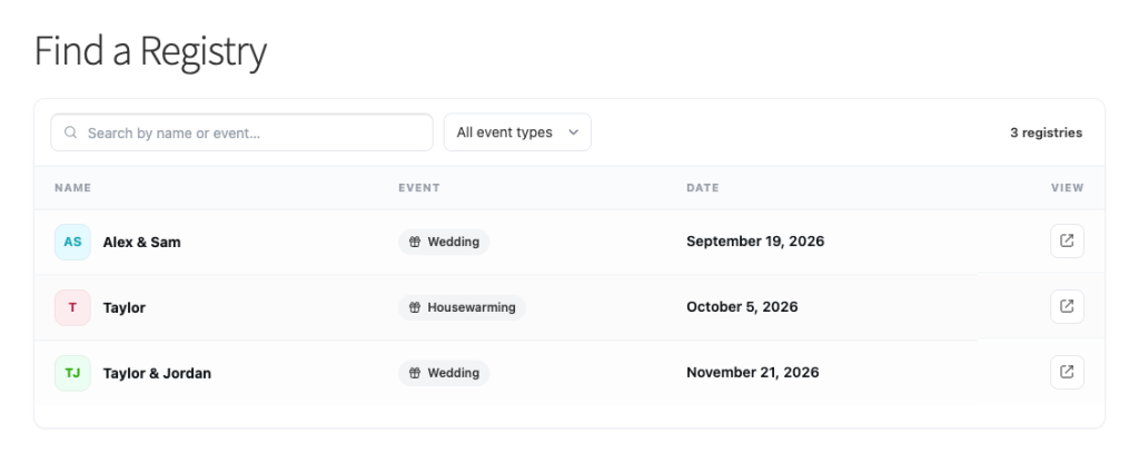 Find a Registry page with a search bar and a list of 3 registries: Alex & Sam (Wedding, Sept 19, 2026), Taylor (Housewarming, Oct 5, 2026), Taylor & Jordan (Wedding, Nov 21, 2026). View buttons on right.