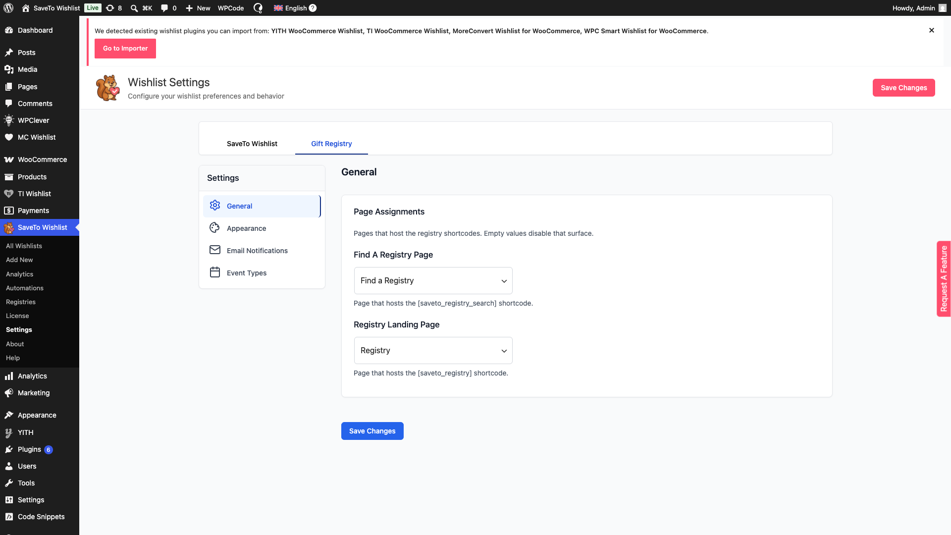 save-to-wishlist-registry-gift-registry-page-assignments - SaveTo Wishlist Der Einstellungs-Tab Geschenkregistrierung, der den Abschnitt Seiten-Zuweisungen anzeigt