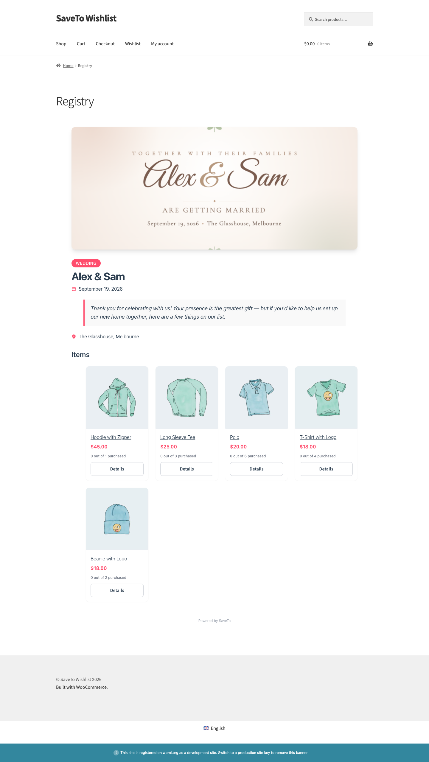 save-to-wishlist-registry-landing-page - SaveTo Wishlist Eine veröffentlichte Geschenkregistrierungs-Landingpage mit Titelbild, Ereignisdetails und Geschenkartikeln