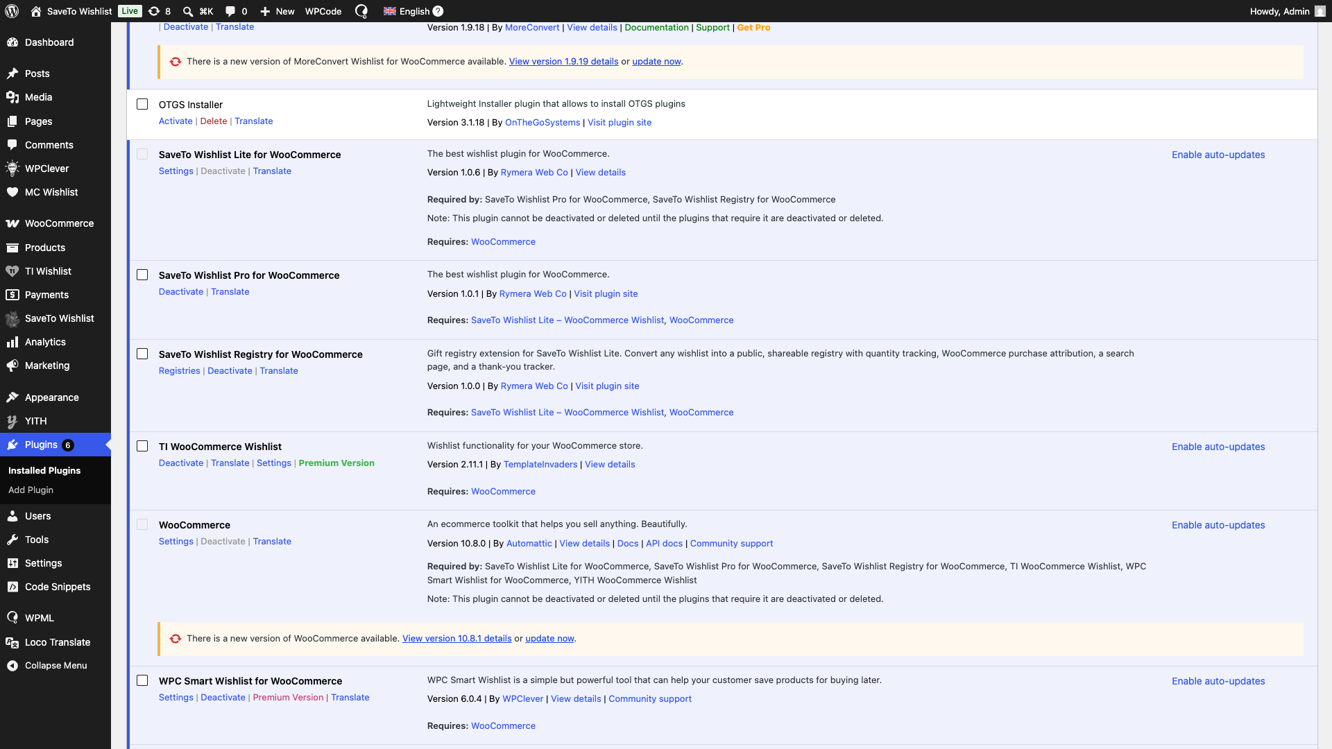 save-to-wishlist-registry-plugins-screen - SaveTo Wishlist Der Bildschirm mit den WordPress-Plugins, auf dem das Add-on SaveTo Wishlist Gift Registry aufgeführt ist