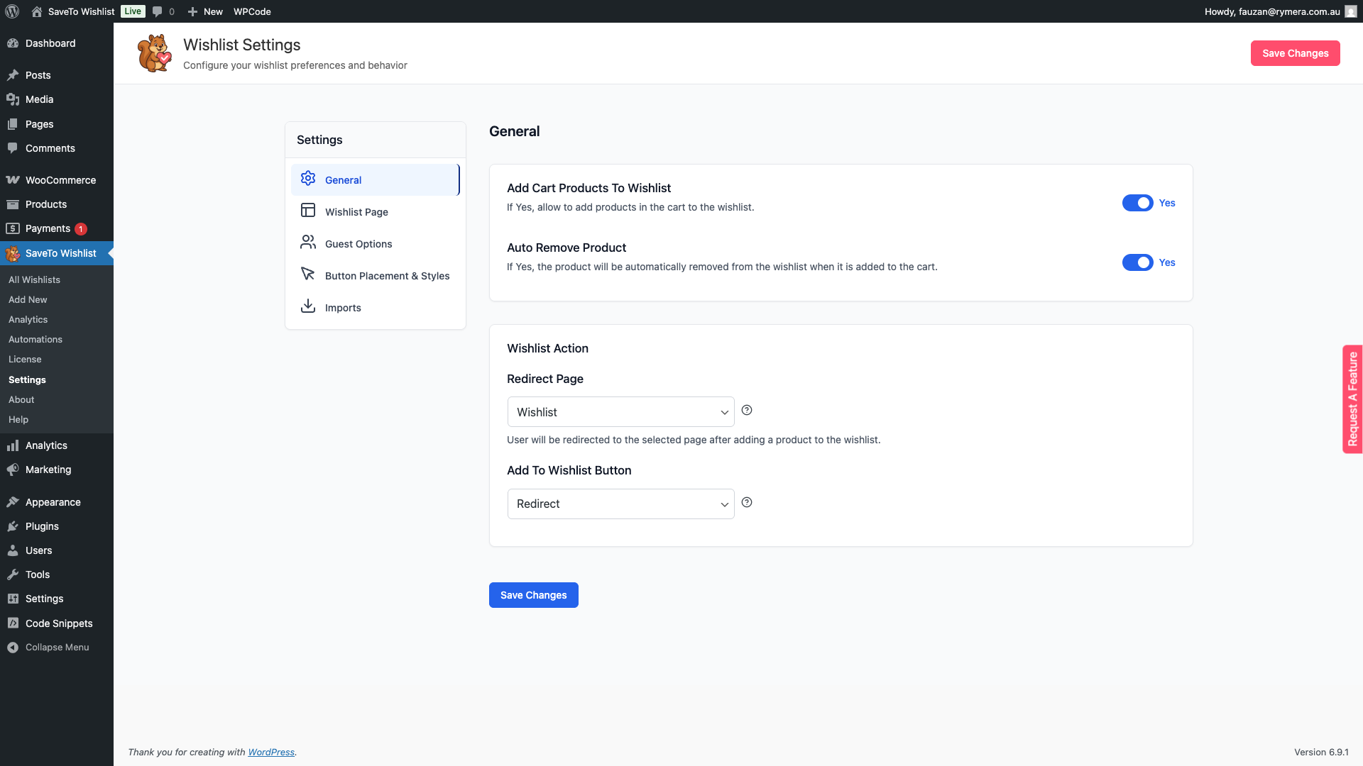 save-to-wishlist-settings-general-redirect-page-dropdown - SaveTo Wishlist SaveTo Wishlist Settings General tab showing the Redirect page dropdown with Wishlist page selected