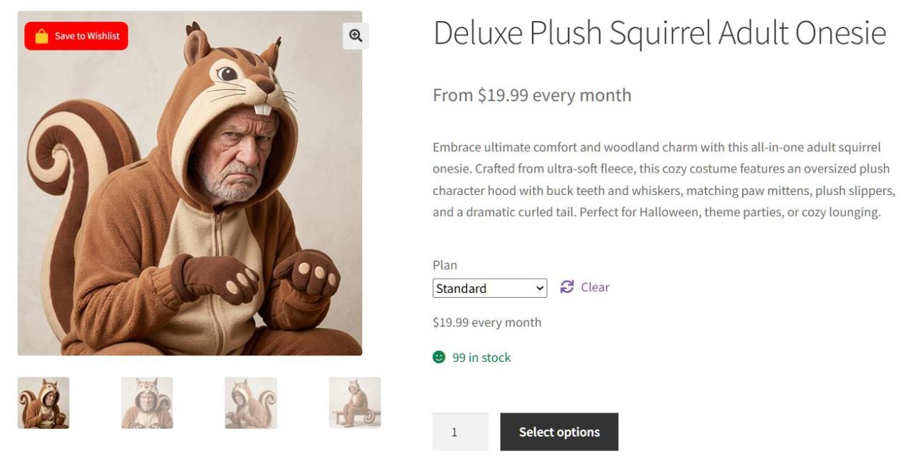 Deluxe Plush Squirrel Adult Onesie product page showing a Save to Wishlist button on the image, a From 19.99 dollars every month price, and a Plan dropdown set to Standard. - SaveTo Wishlist Deluxe Plush Squirrel Adult Onesie product page showing a Save to Wishlist button on the image, a From 19.99 dollars every month price, and a Plan dropdown set to Standard.