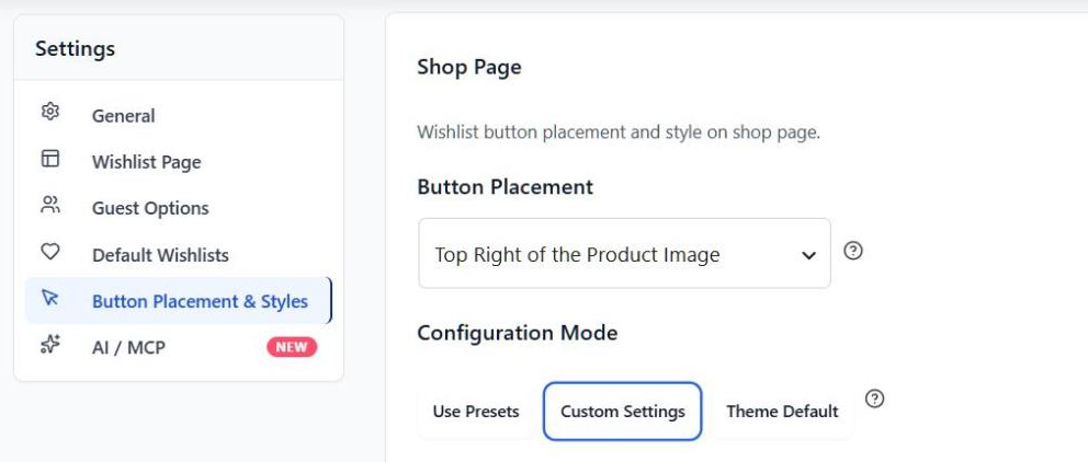 SaveTo Wishlist Button Placement and Styles settings, Shop Page section, with Button Placement set to Top Right of the Product Image - SaveTo Wishlist SaveTo Wishlist Button Placement and Styles settings, Shop Page section, with Button Placement set to Top Right of the Product Image