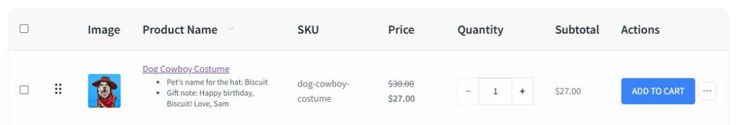 Ligne SaveTo Wishlist pour l'article Costume de cowboy pour chien, listant ses valeurs enregistrées Flexible Product Fields, Nom de l'animal pour le chapeau et Note cadeau - SaveTo Wishlist Ligne SaveTo Wishlist pour l'article Costume de cowboy pour chien, listant ses valeurs enregistrées Flexible Product Fields, Nom de l'animal pour le chapeau et Note cadeau