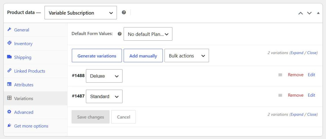 WooCommerce Product data panel with the product type set to Variable Subscription and two plan variations, Deluxe and Standard, on the Variations tab. - SaveTo Wishlist WooCommerce Product data panel with the product type set to Variable Subscription and two plan variations, Deluxe and Standard, on the Variations tab.