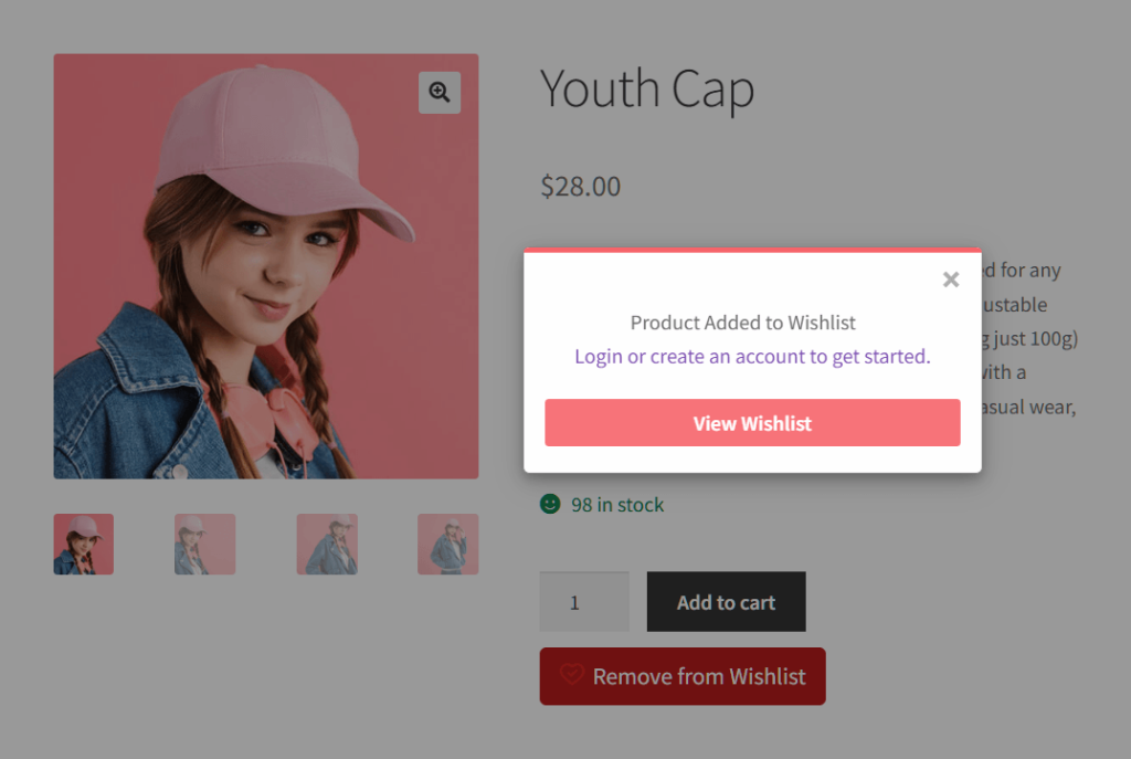 saveto-wishlist-after-save-button-state-guest - SaveTo Wishlist Produktfoto: Ein Mädchen mit einer pinken Kappe vor einem pinken Hintergrund, beschriftet mit 'Youth Cap' und Preis 28 $, mit sichtbaren Warenkorb-/Wunschlistenoptionen (Overlay-Modal darüber). Weitere Thumbnails der Kappe sind unten.