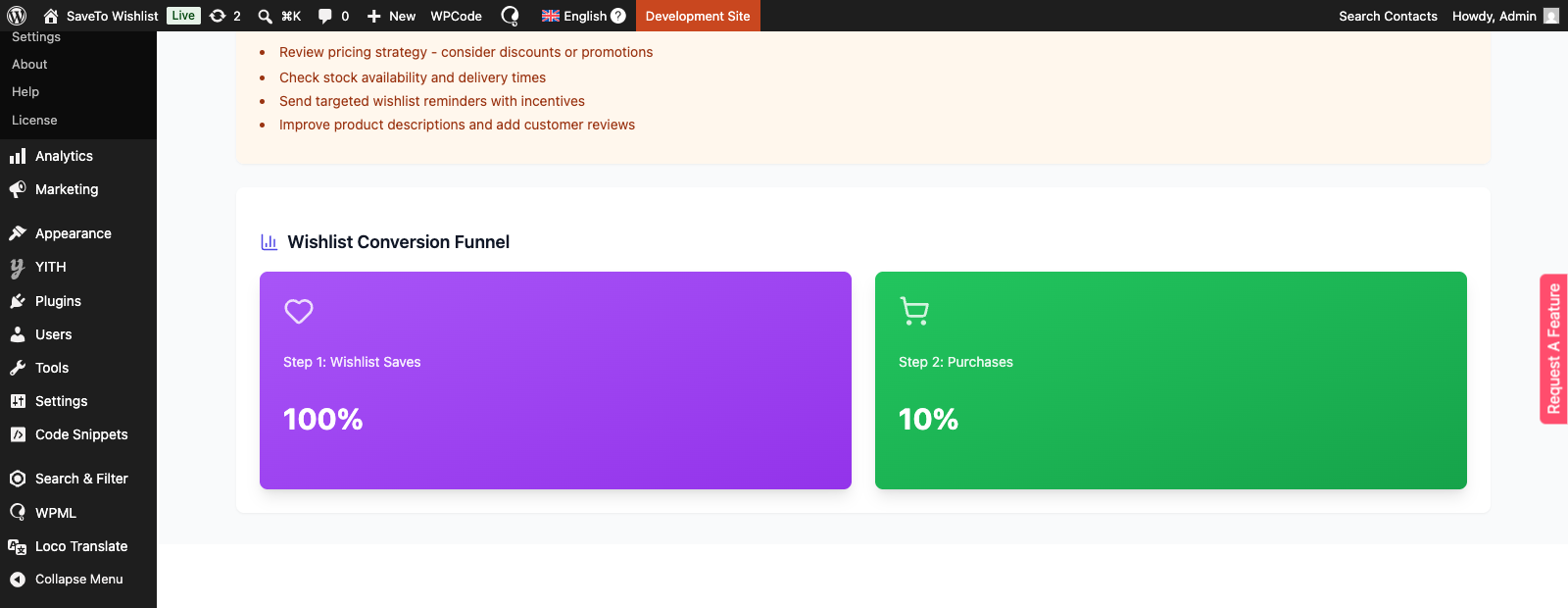 saveto-wishlist-analytics-conversion-funnel-two-step - SaveTo Wishlist El embudo de conversión de la lista de deseos en WooCommerce Wishlist Pro Analytics, que muestra el Paso 1 Guardados en la lista de deseos al 100 por ciento y el Paso 2 Compras al 10 por ciento
