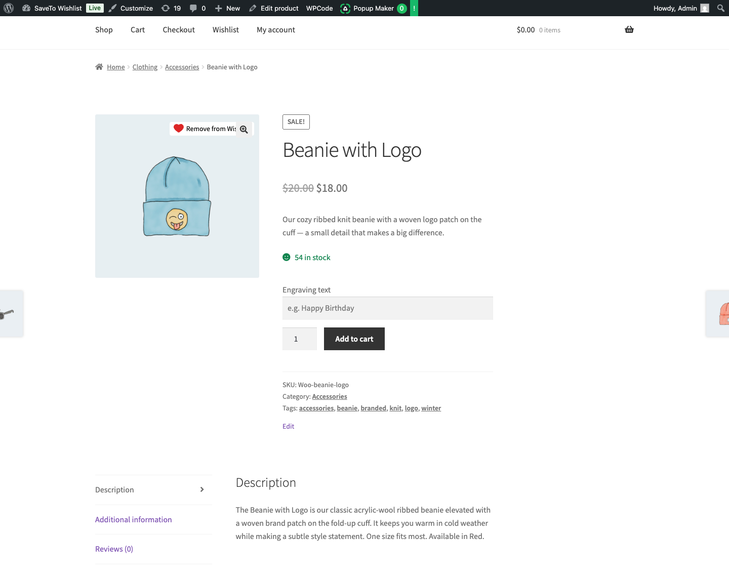 saveto-wishlist-apf-product-fields - SaveTo Wishlist La page du produit ouverte depuis la liste de souhaits, montrant les champs d'options Advanced Product Fields prêts à être remplis