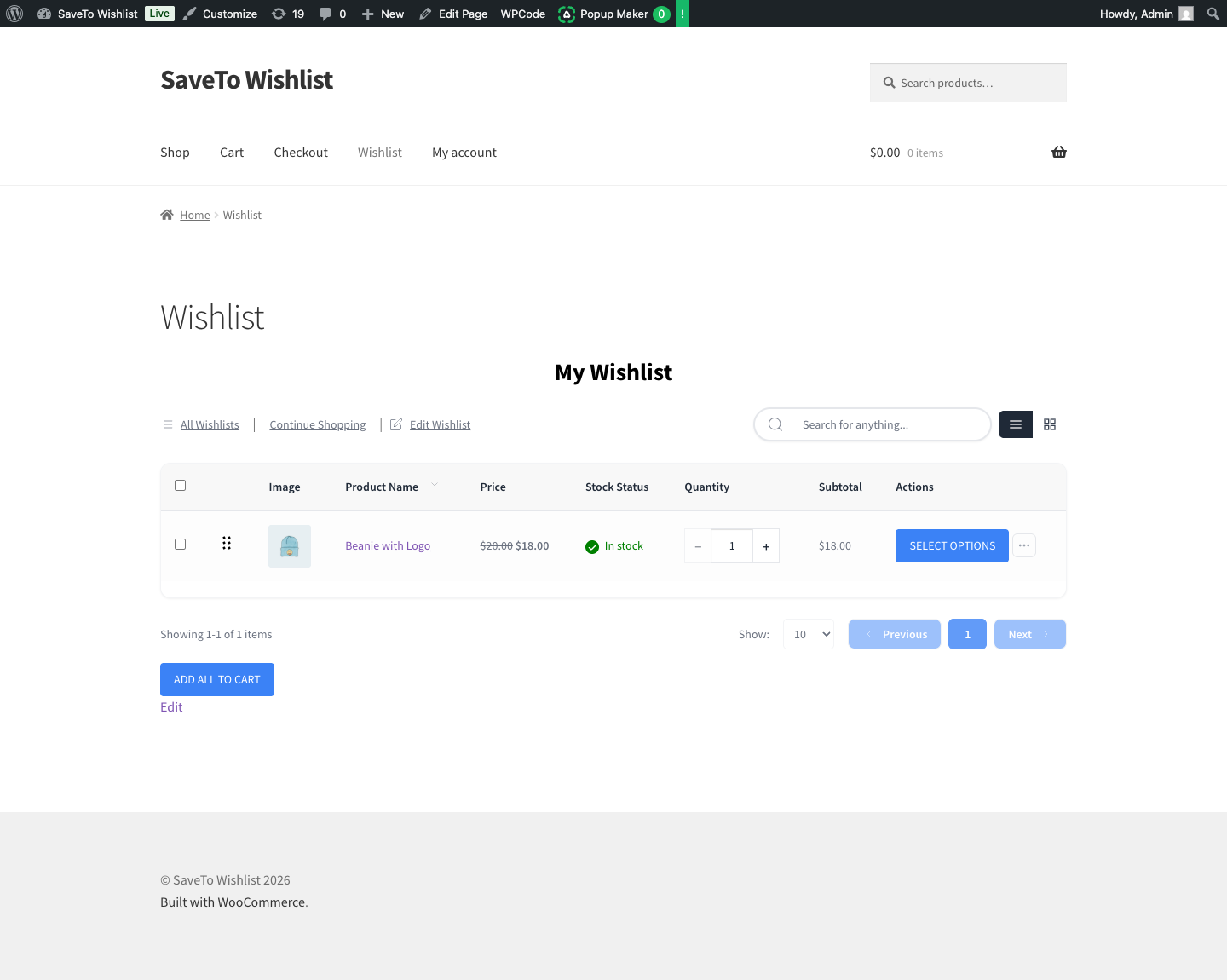 saveto-wishlist-apf-wishlist-select-options - SaveTo Wishlist Un article de liste de souhaits pour un produit avec des options Advanced Product Fields, où Ajouter au panier redirige le client vers la page du produit
