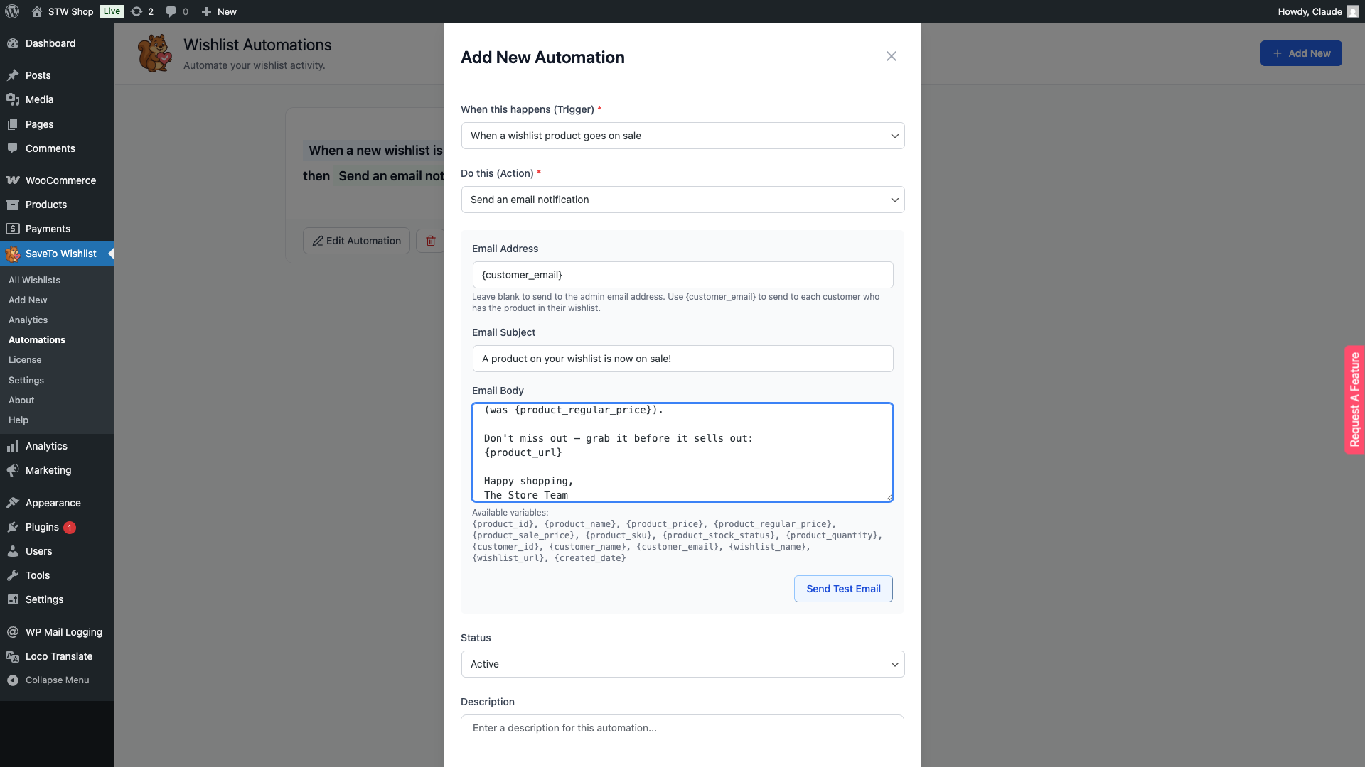 saveto-wishlist-automation-editor-product-on-sale-per-customer - SaveTo Wishlist Automation editor with trigger set to'When a wishlist product goes on sale', Email Address set to {customer_email}, and a customer-friendly subject and body