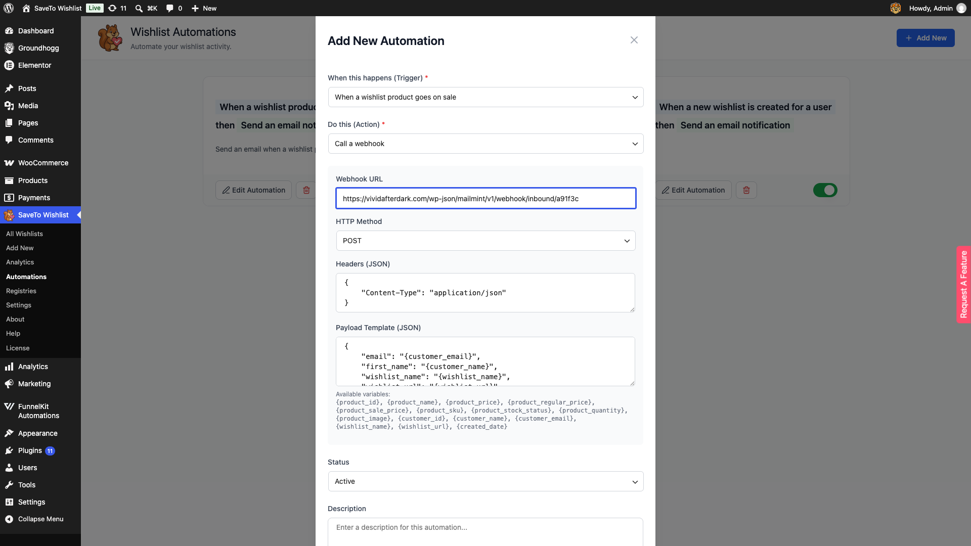 saveto-wishlist-automation-webhook-no-quick-start-on-sale-trigger - SaveTo Wishlist La misma acción Llamar a un webhook en el desencadenador "en oferta", sin mostrar el campo Inicio rápido