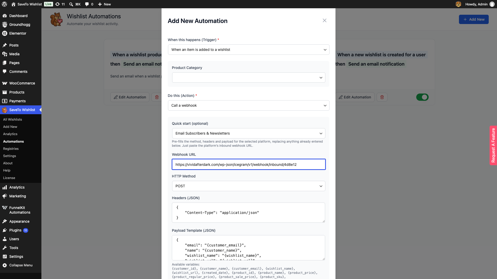 saveto-wishlist-automation-webhook-quick-start-email-subscribers - SaveTo Wishlist La fenêtre modale d'automatisation SaveTo Wishlist avec Appeler un webhook sélectionné et le démarrage rapide Email Subscribers & Newsletters appliqué