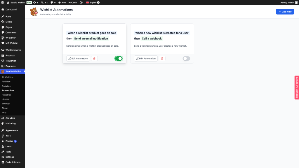 saveto-wishlist-automations-card-toggle-active - SaveTo Wishlist La pantalla Automatizaciones de la lista de deseos en el administrador de WordPress mostrando una automatización de correo electrónico de oferta activada y una automatización de webhook de nueva lista de deseos desactivada.