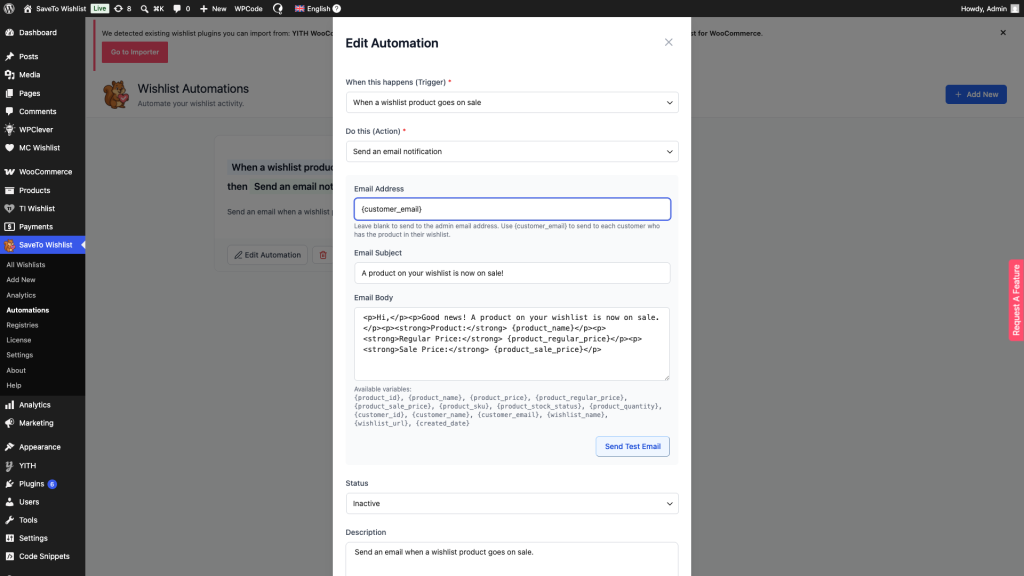 saveto-wishlist-automations-sale-alert-email-edit - SaveTo Wishlist La ventana modal Editar automatización en SaveTo Wishlist Pro con el disparador configurado en Cuando un producto de la lista de deseos se pone a la venta y la acción configurada en Enviar una notificación por correo electrónico, dirigida a la variable customer_email.