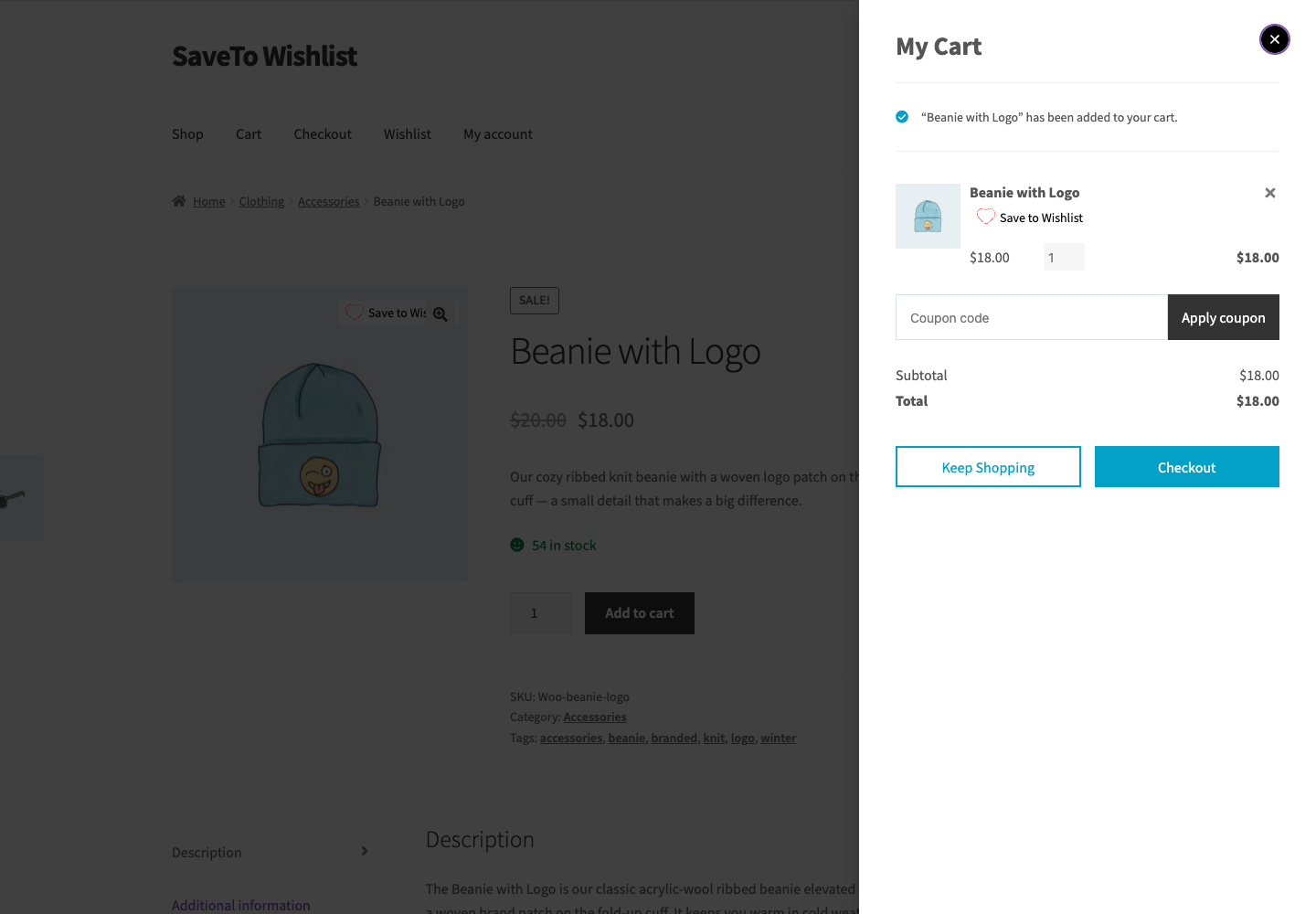 saveto-wishlist-barn2-fast-cart-popup - SaveTo Wishlist The WooCommerce Fast Cart slide-out popup with the SaveTo Wishlist button below the product name on a cart line item