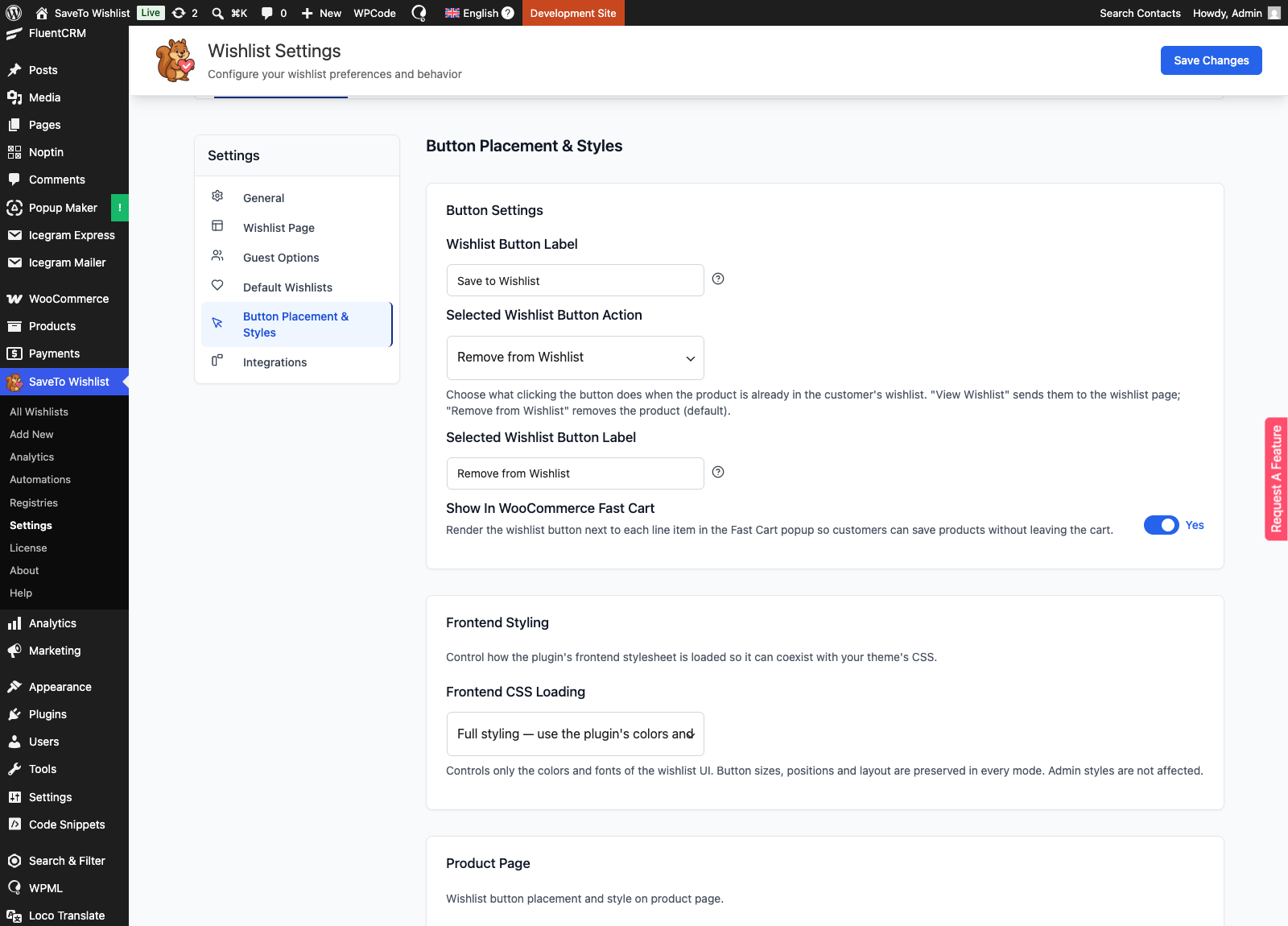 saveto-wishlist-barn2-fast-cart-setting - SaveTo Wishlist SaveTo Wishlist settings in the WordPress admin showing the Show in WooCommerce Fast Cart option under Button Placement and Styles