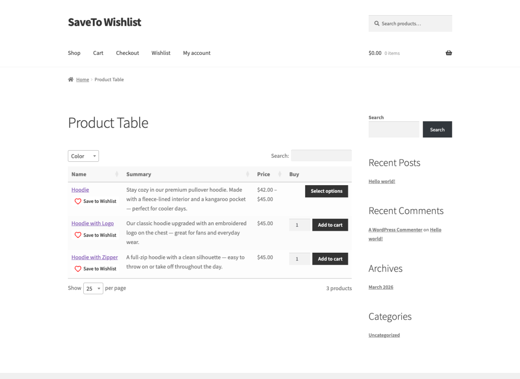 Table de produits WooCommerce front-end montrant des produits de type sweat à capuche avec un bouton Enregistrer dans la liste de souhaits rendu dans chaque cellule de nom de produit à côté des prix et des boutons Ajouter au panier.