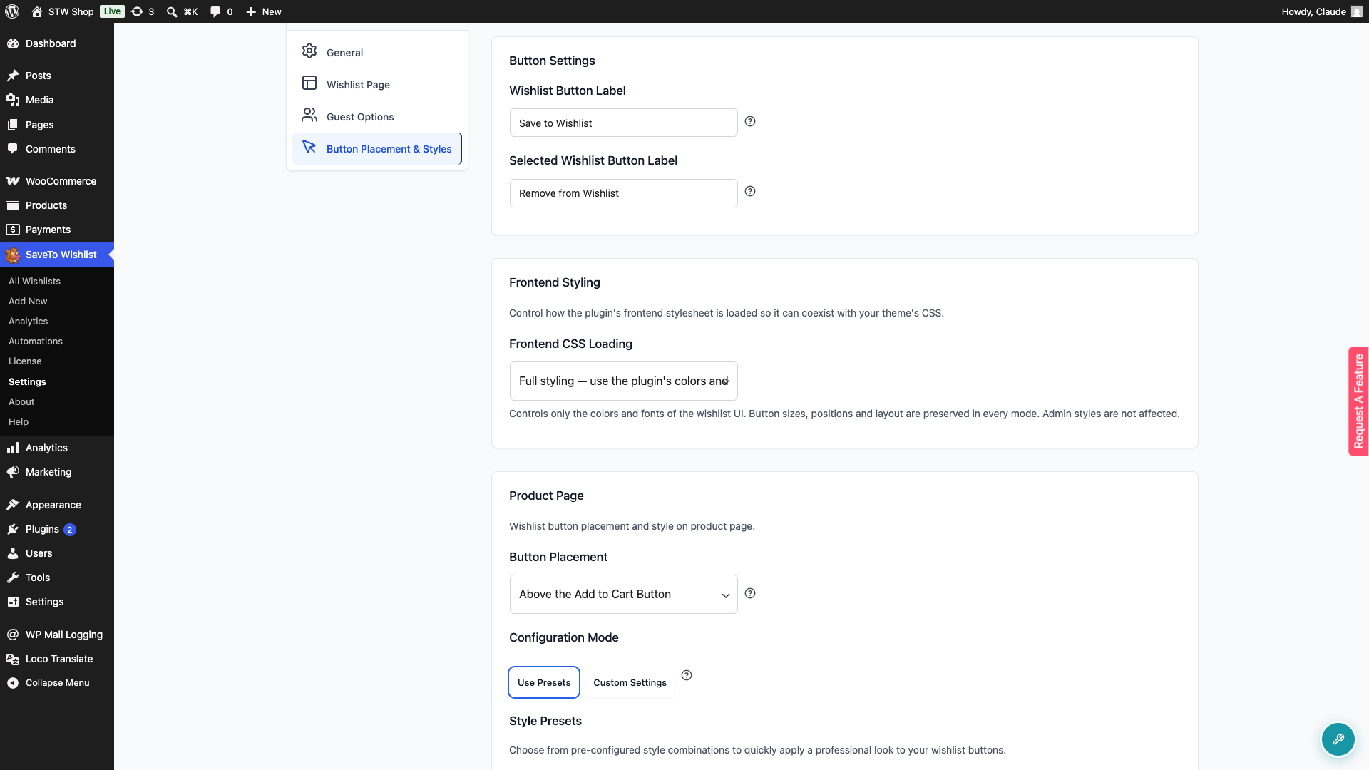 saveto-wishlist-btn-styles-frontend-css-loading - SaveTo Wishlist Frontend CSS Loading setting showing Full styling, Minimal styling, and No styling options