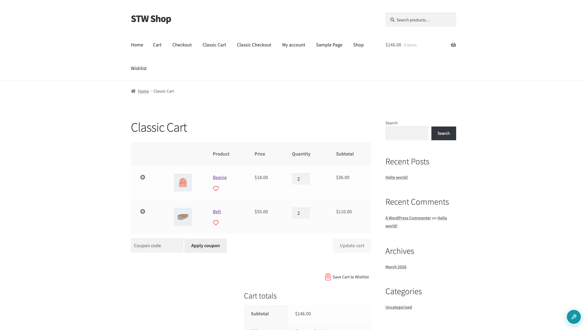 Cart page showing the Save Cart to Wishlist button below the cart table
