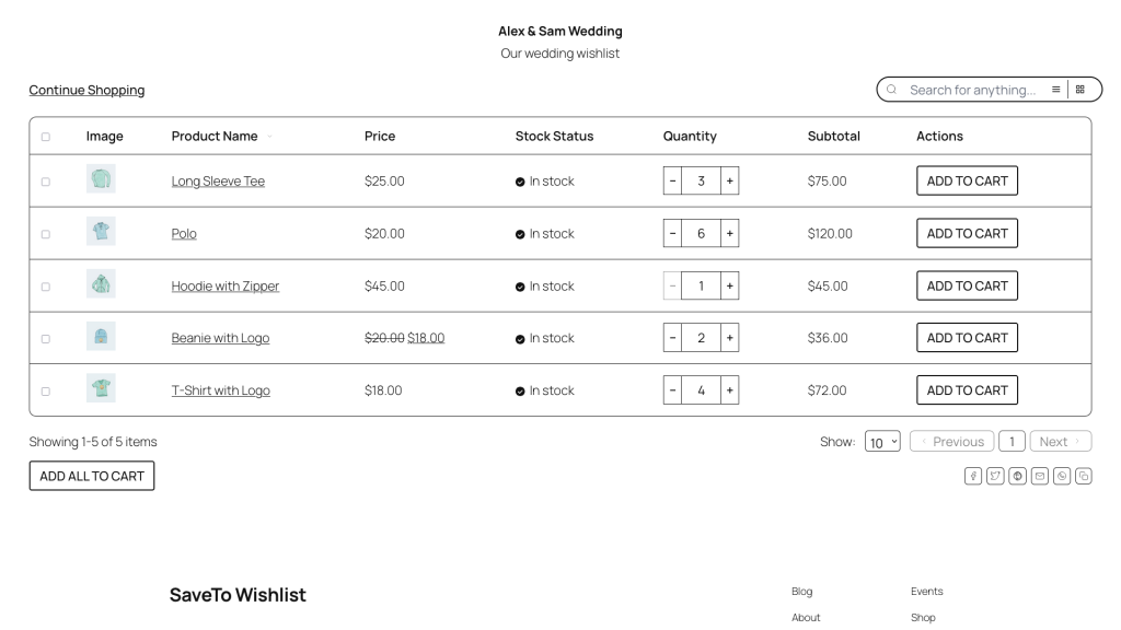 saveto-wishlist-checkout-redirect-shared-wishlist-add-all - SaveTo Wishlist Shared wishlist page titled Alex & Sam Wedding listing five items with prices, stock status, quantity controls and an Add to cart button on each row