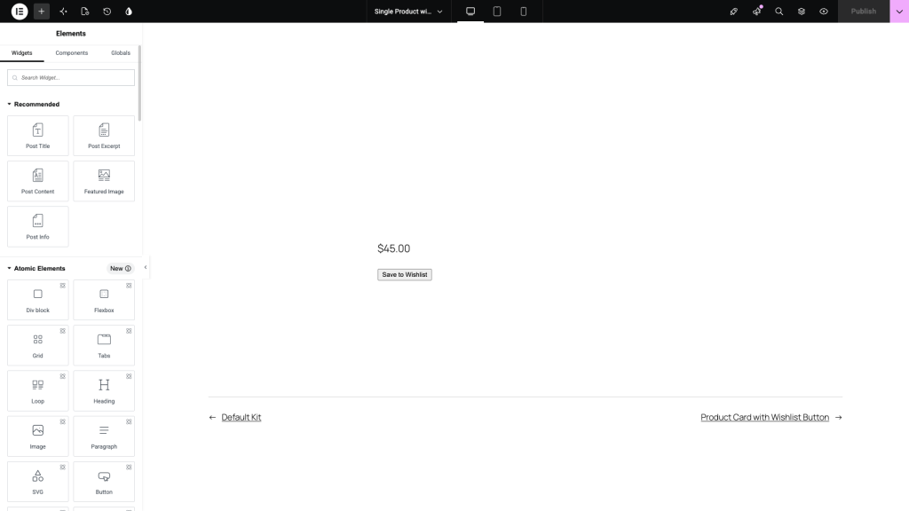 saveto-wishlist-elementor-canvas-button-below-price - SaveTo Wishlist The SaveTo Wishlist button rendering live on the Elementor canvas below the product price
