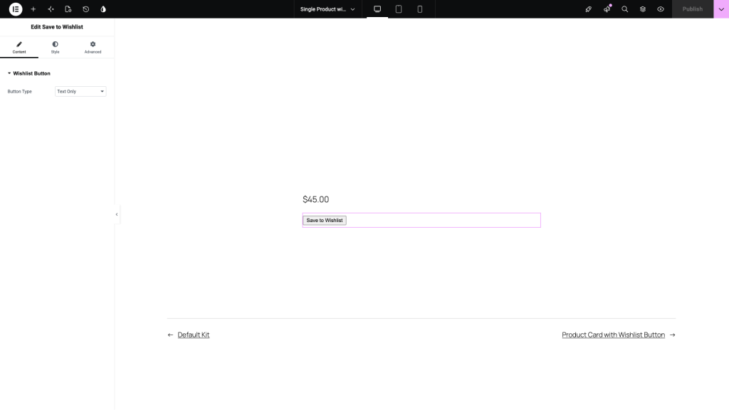 saveto-wishlist-elementor-content-tab-button-type - SaveTo Wishlist The Button Type dropdown on the Content tab of the SaveTo Wishlist Elementor widget