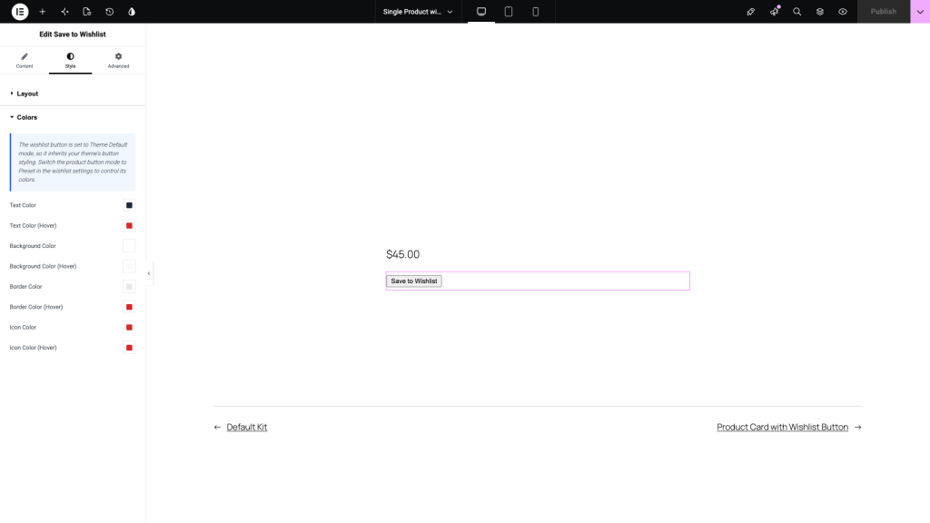 saveto-wishlist-elementor-style-tab-colors - SaveTo Wishlist The eight wishlist button color controls on the Style tab of the Elementor widget