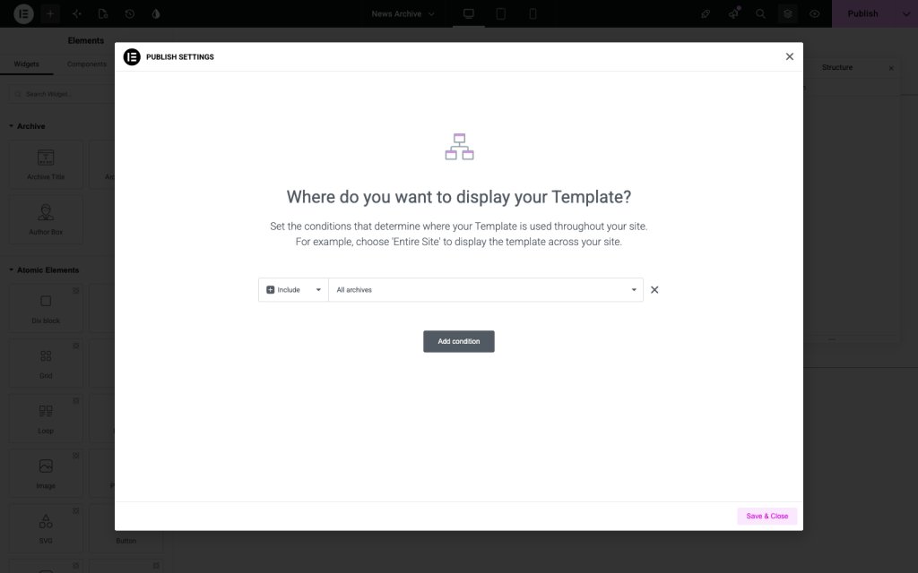 saveto-wishlist-elementor-theme-builder-display-conditions - SaveTo Wishlist Editing display conditions on an Elementor Theme Builder archive template to fix a wishlist page conflict
