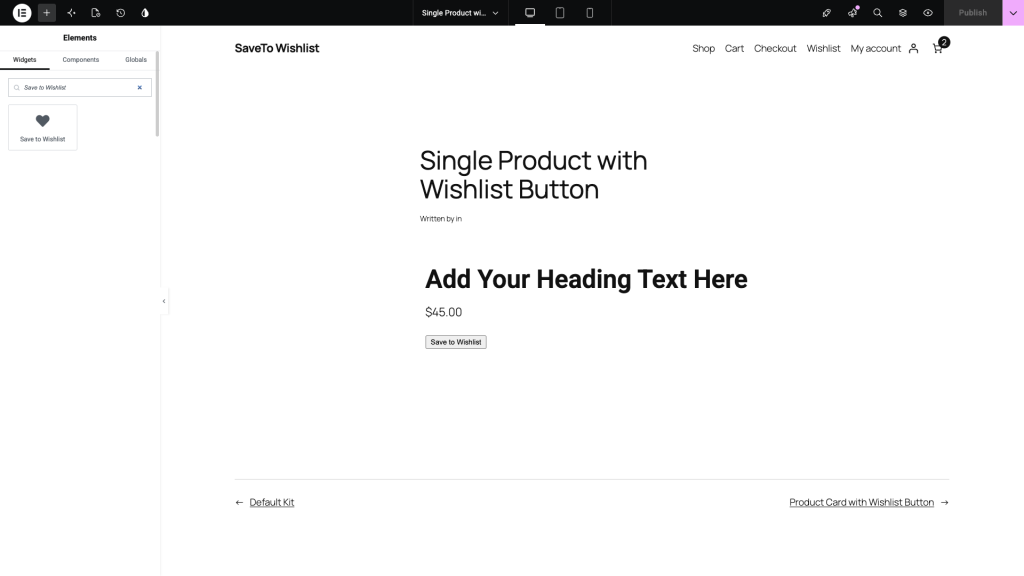 saveto-wishlist-elementor-widget-panel-search - SaveTo Wishlist Searching for the Save to Wishlist widget in the Elementor editor widget panel