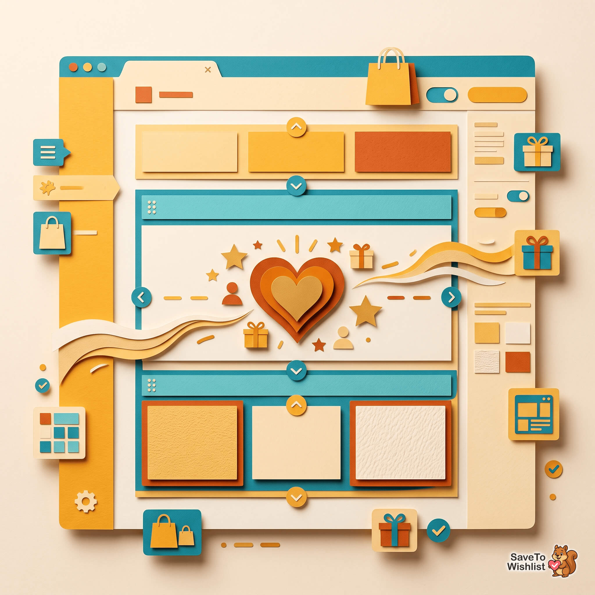 saveto-wishlist-flatsome-ux-builder-filler - SaveTo Wishlist Paper-craft illustration of a page builder layout with a wishlist heart element placed in the middle row of the page