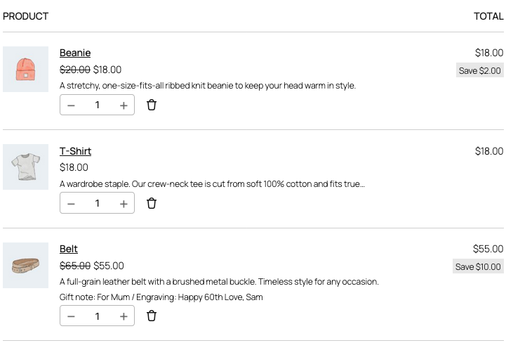 saveto-wishlist-flexible-product-fields-cart-line - SaveTo Wishlist WooCommerce-Warenkorb mit der Gürtelzeile, die die Geschenknotiz- und Gravurwerte anzeigt