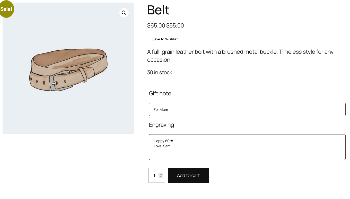 saveto-wishlist-flexible-product-fields-product-page - SaveTo Wishlist Gürtel-Produktseite mit den Feldern Flexible Product Fields Geschenknotiz und Gravur ausgefüllt und der Schaltfläche Speichern in Wunschliste
