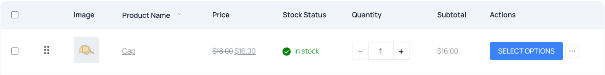 saveto-wishlist-flexible-product-fields-select-options-row - SaveTo Wishlist Wunschlistenzeile für ein Produkt, das von der Shop-Seite gespeichert wurde, mit der Schaltfläche Optionen auswählen