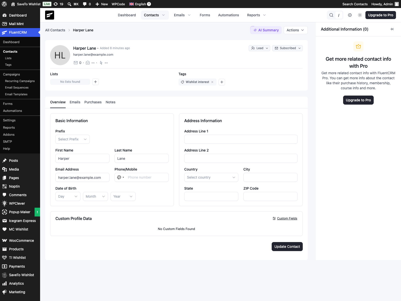 saveto-wishlist-fluentcrm-contact-wishlist-tag - SaveTo Wishlist A FluentCRM contact showing the wishlist tag applied