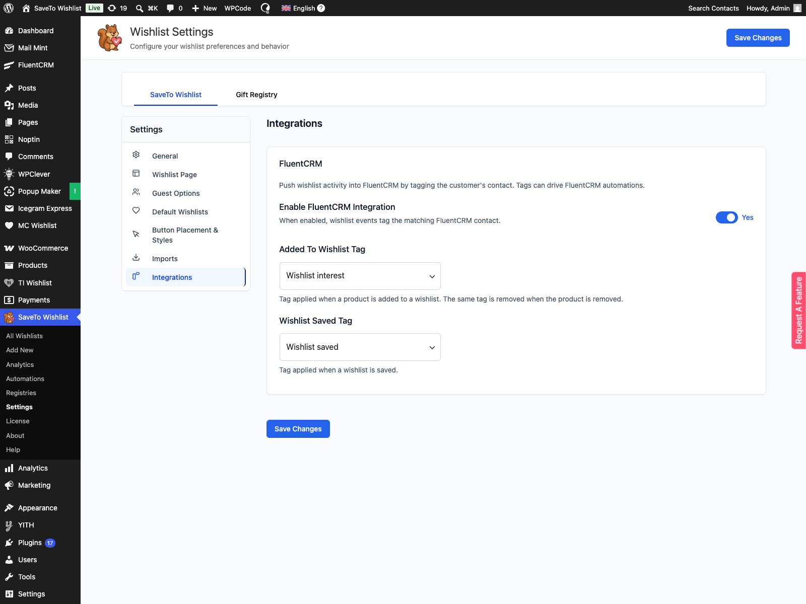 saveto-wishlist-fluentcrm-integration-settings - SaveTo Wishlist SaveTo Wishlist Settings, Integrations tab, FluentCRM section with the integration enabled and both tags mapped