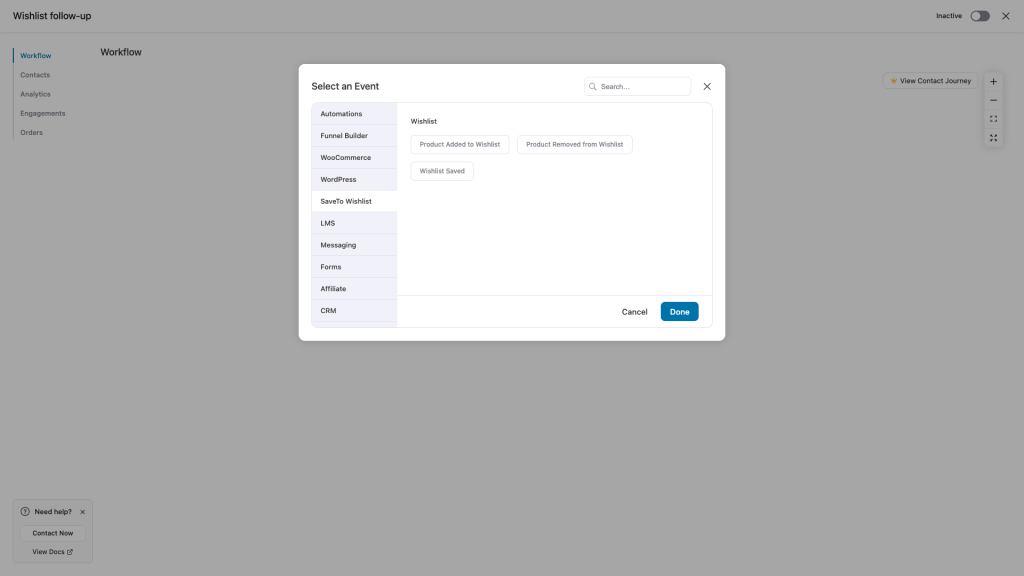 FunnelKit Automations Select an Event trigger picker showing the SaveTo Wishlist source and its three WooCommerce wishlist events