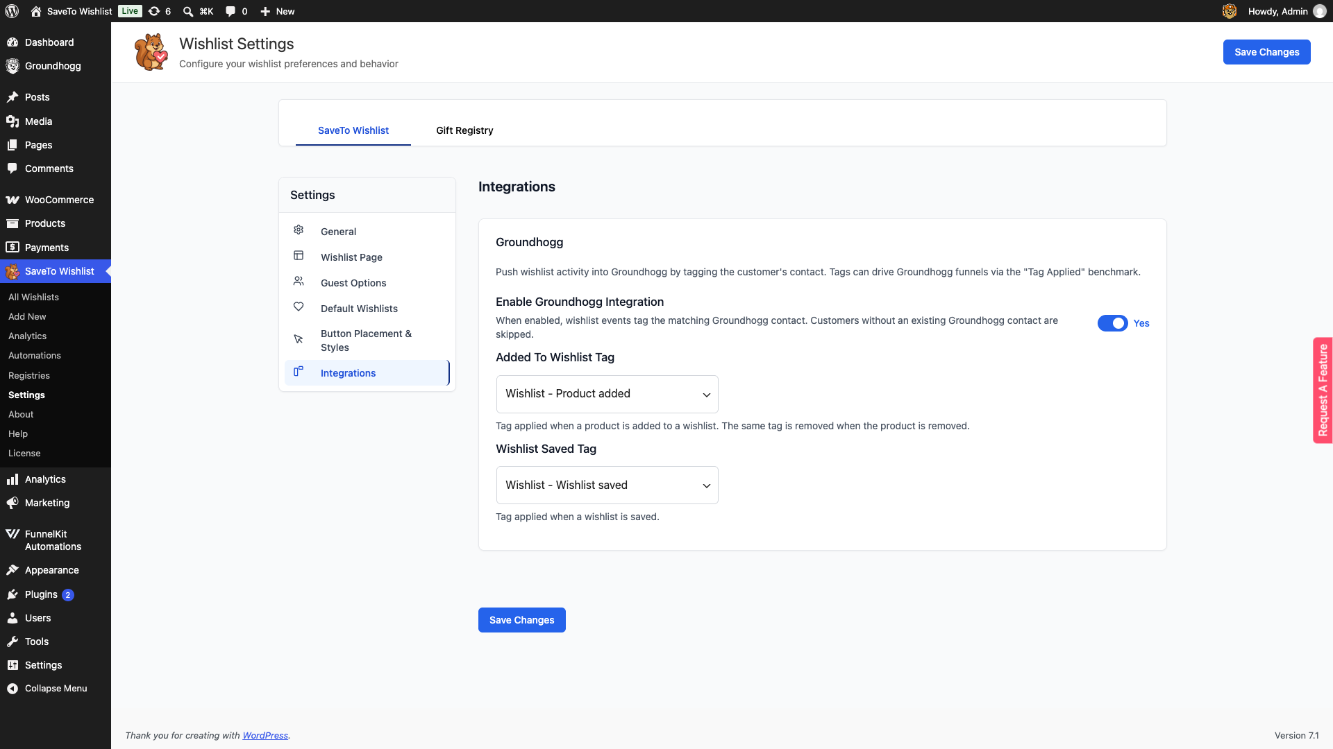 saveto-wishlist-groundhogg-integration-settings - SaveTo Wishlist The Groundhogg section under SaveTo Wishlist Settings, Integrations tab, showing the enable switch and the two tag dropdowns