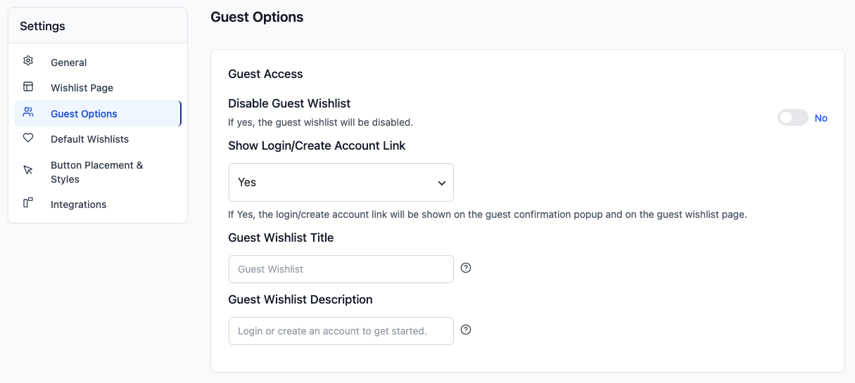 SaveTo Wishlist Guest Options settings - SaveTo Wishlist SaveTo Wishlist Guest Options settings tab showing Disable Guest Wishlist set to No, Show Login/Create Account Link set to Yes, and the empty Guest Wishlist Title and Guest Wishlist Description fields with their default text