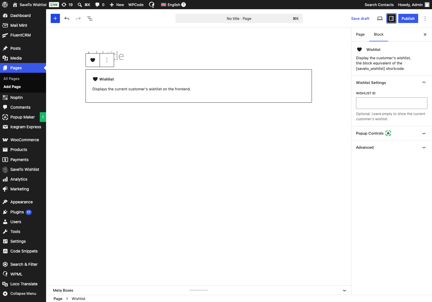 saveto-wishlist-gutenberg-block-settings - SaveTo Wishlist The Wishlist block selected with the Wishlist Settings panel and the Wishlist ID field
