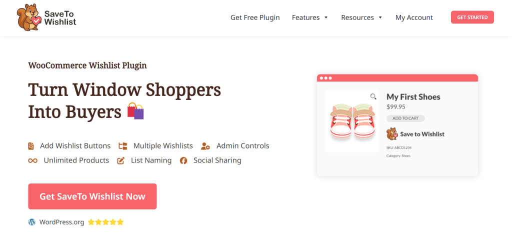 SaveToWishlist plugin homepage hero with bold Turn Window Shoppers Into Buyers headline, shoes product mockup, squirrel logo, and prominent pink call-to-action button.