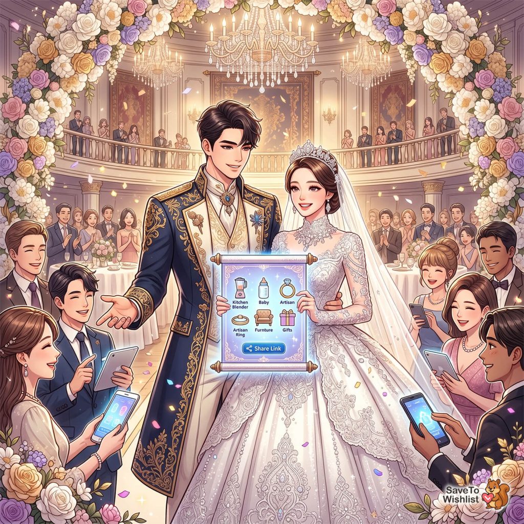 saveto-wishlist-iconic-wishlists-alternative-comparison-image2 - SaveTo Wishlist A smiling bride and groom present a glowing digital wishlist to applauding guests in an ornate ballroom, framed by pastel flower arches.