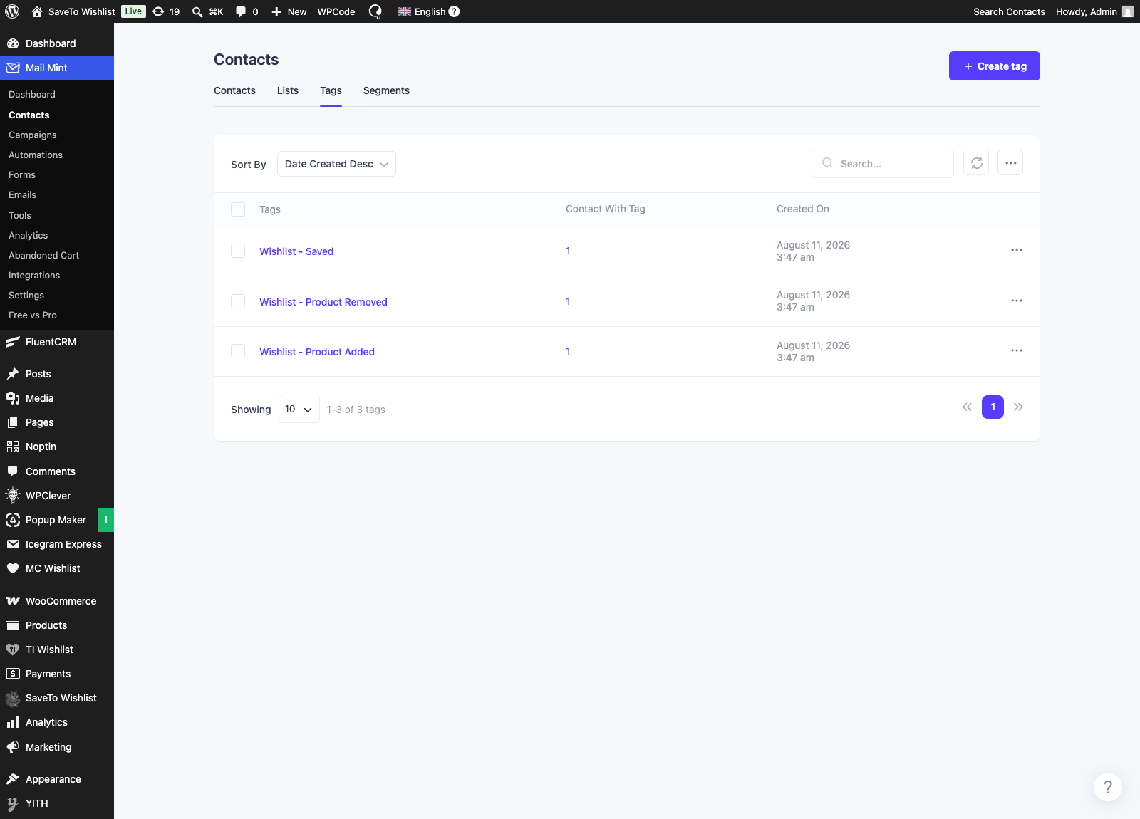 saveto-wishlist-mailmint-tags - SaveTo Wishlist Mail Mint Tags list showing the Wishlist - Product Added, Wishlist - Product Removed, and Wishlist - Saved tags